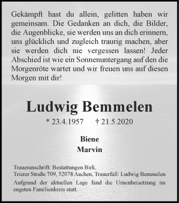 Traueranzeige von Ludwig Bemmelen von Zeitung am Sonntag