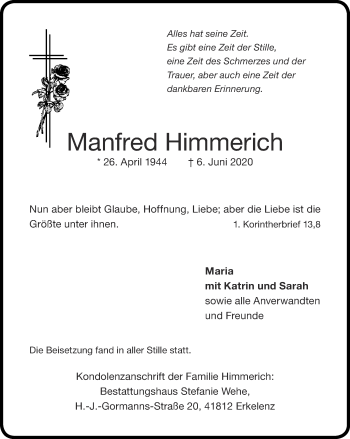 Traueranzeige von Manfred Himmerich von Zeitung am Sonntag