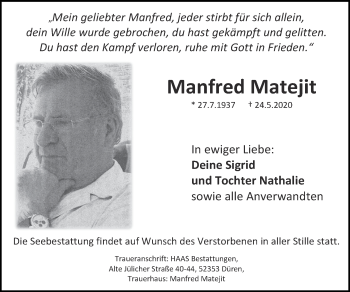 Traueranzeige von Manfred Matejit von Zeitung am Sonntag