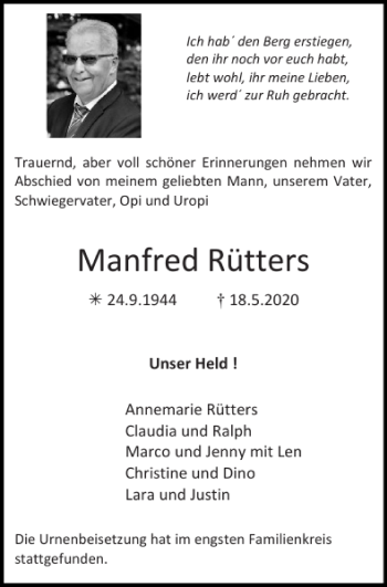 Traueranzeige von Manfred Rütters von Super Sonntag / Super Mittwoch