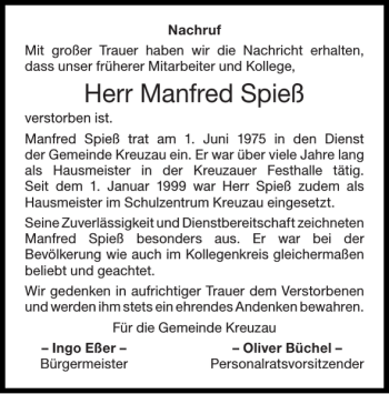 Traueranzeige von Manfred Spieß von Super Sonntag / Super Mittwoch