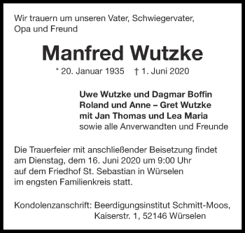 Traueranzeige von Manfred Wutzke von Zeitung am Sonntag