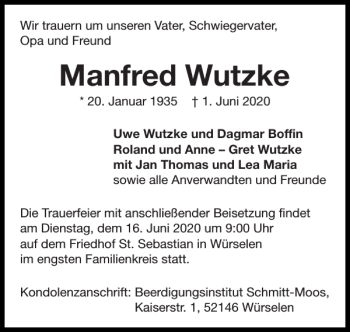 Traueranzeige von Manfred Wutzke von Super Sonntag / Super Mittwoch