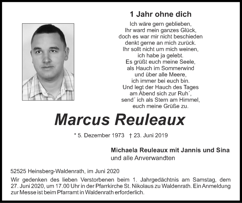  Traueranzeige für Marcus Reuleaux vom 21.06.2020 aus Zeitung am Sonntag
