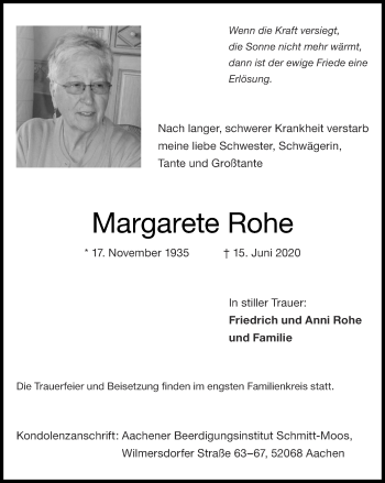 Traueranzeige von Margarete Rohe von Zeitung am Sonntag