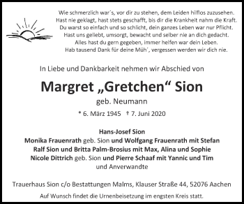 Traueranzeige von Margret Sion von Zeitung am Sonntag