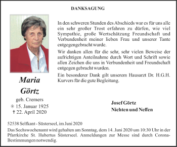 Traueranzeige von Maria Görtz von Zeitung am Sonntag