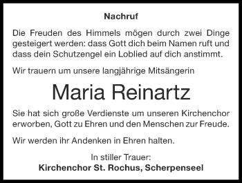 Traueranzeige von Maria Reinartz von Zeitung am Sonntag
