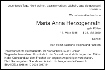 Traueranzeige von Maria Anna Herzogenrath von Zeitung am Sonntag