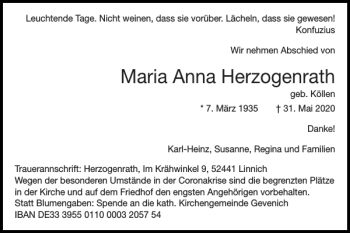 Traueranzeige von Maria Anna Herzogenrath von Super Sonntag / Super Mittwoch