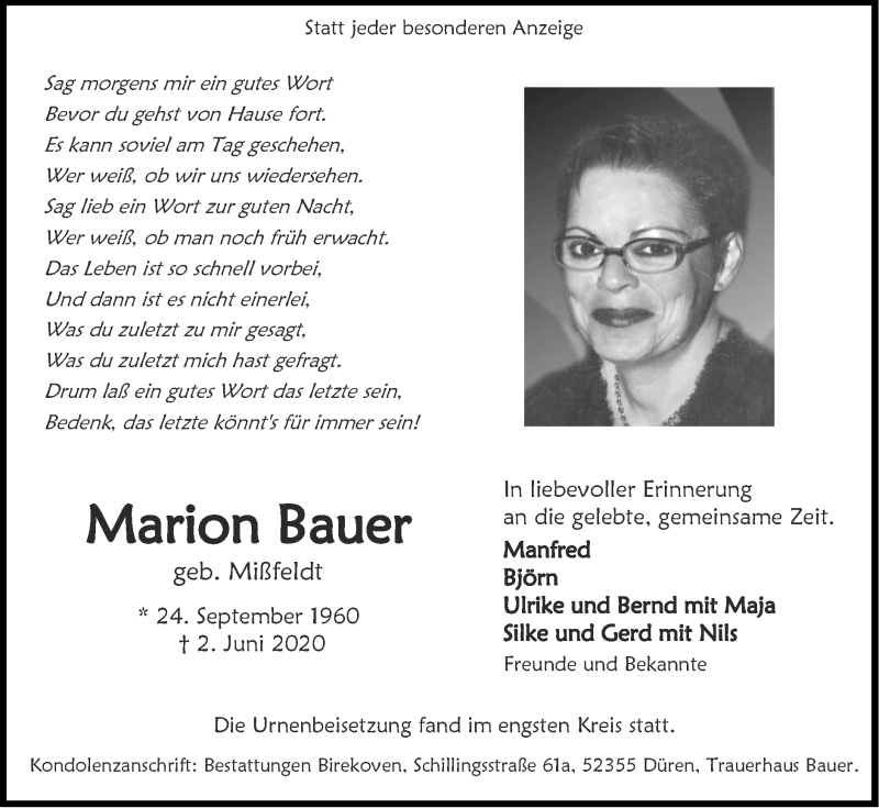  Traueranzeige für Marion Bauer vom 21.06.2020 aus Zeitung am Sonntag
