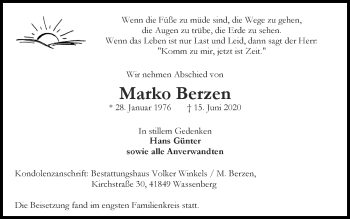 Traueranzeige von Marko Berzen von Zeitung am Sonntag