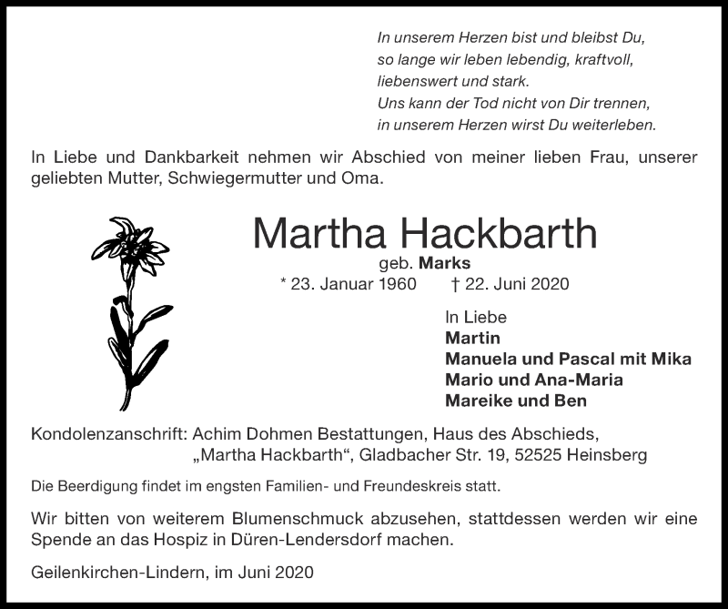  Traueranzeige für Martha Hackbarth vom 28.06.2020 aus Zeitung am Sonntag