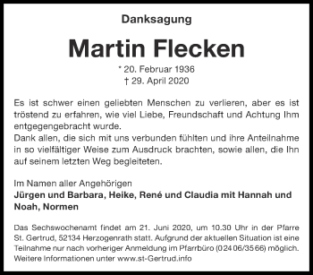 Traueranzeige von Martin Flecken von Aachener Zeitung / Aachener Nachrichten