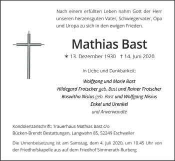 Traueranzeige von Mathias Bast von Zeitung am Sonntag