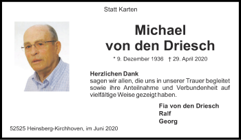 Traueranzeige von Michael von den Driesch von Zeitung am Sonntag