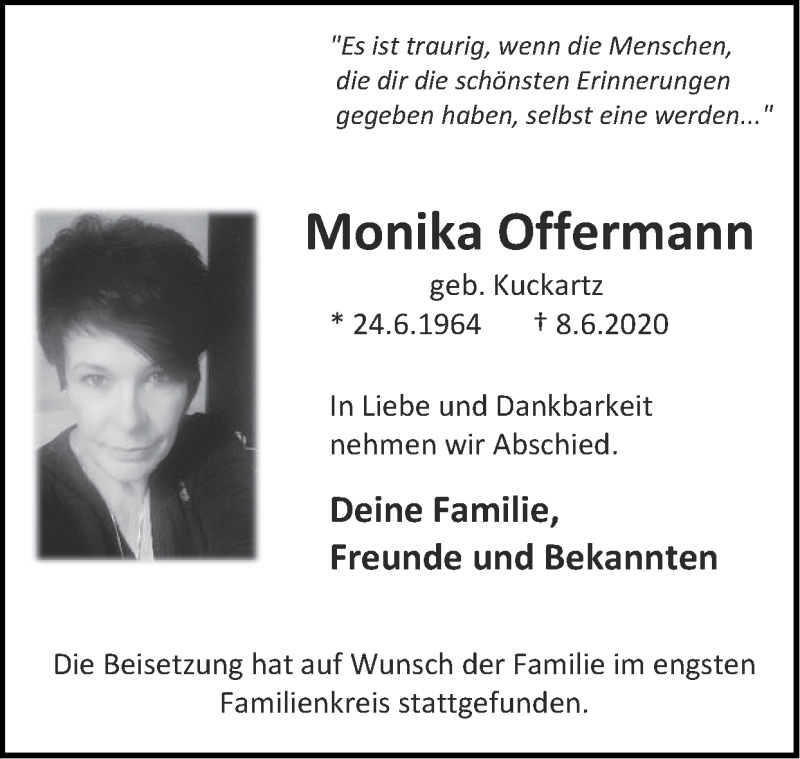  Traueranzeige für Monika Offermann vom 21.06.2020 aus Zeitung am Sonntag