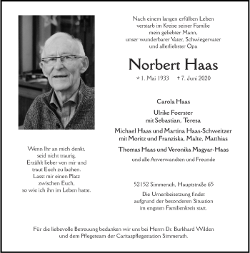 Traueranzeige von Norbert Haas von Aachener Zeitung / Aachener Nachrichten