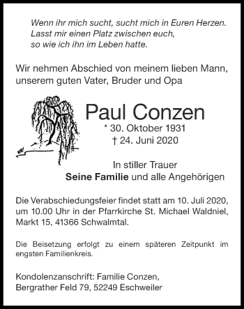 Traueranzeige von Paul Conzen von Zeitung am Sonntag