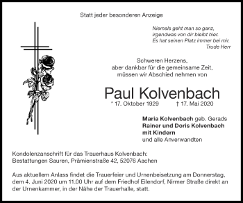 Traueranzeige von Paul Kolvenbach von Zeitung am Sonntag