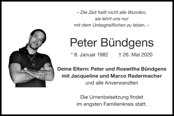 Traueranzeige von Peter Bündgens von Zeitung am Sonntag