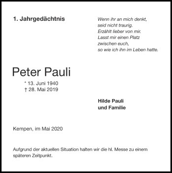Traueranzeige von Peter Pauli von Zeitung am Sonntag
