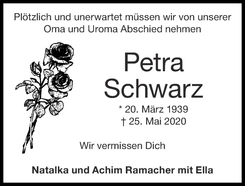 Traueranzeige für Petra Schwarz vom 07.06.2020 aus Zeitung am Sonntag