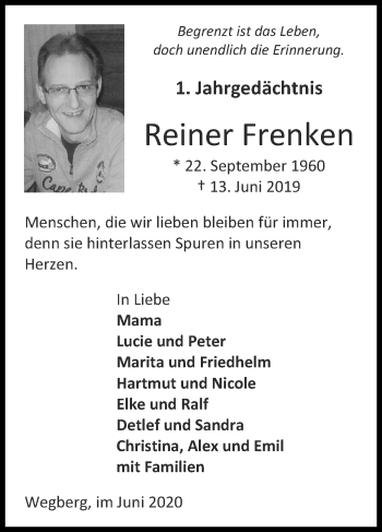 Traueranzeige von Reiner Frenken von Zeitung am Sonntag