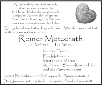 Traueranzeige von Reiner Metzerath von Zeitung am Sonntag