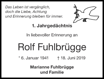 Traueranzeige von Rolf Fuhlbrügge von Zeitung am Sonntag