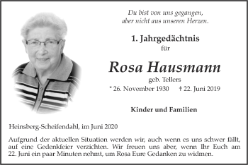 Traueranzeige von Rosa Hausmann von Zeitung am Sonntag