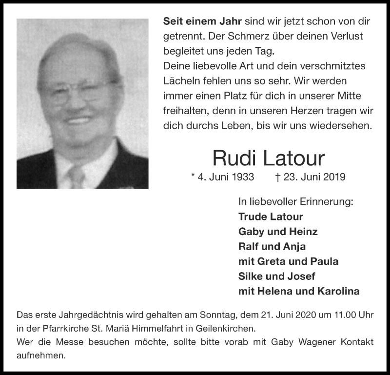  Traueranzeige für Rudi Latour vom 14.06.2020 aus Zeitung am Sonntag