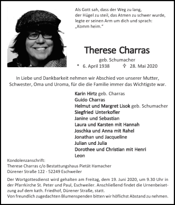 Traueranzeige von Therese Charras von Zeitung am Sonntag