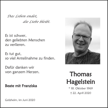 Traueranzeige von Thomas Hagelstein von Zeitung am Sonntag