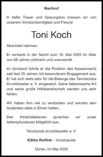 Traueranzeige von Toni Koch von Zeitung am Sonntag