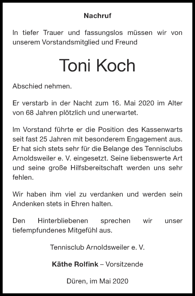  Traueranzeige für Toni Koch vom 31.05.2020 aus Zeitung am Sonntag