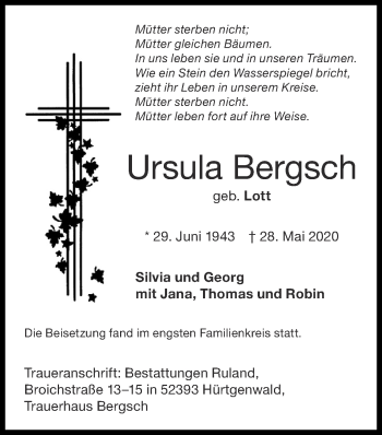 Traueranzeige von Ursula Bergsch von Zeitung am Sonntag
