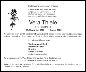 Traueranzeige von Vera Thiele von Zeitung am Sonntag