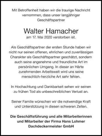 Traueranzeige von Walter Hamacher von Zeitung am Sonntag