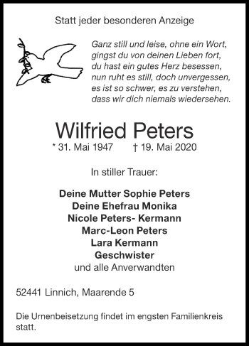 Traueranzeige von Wilfried Peters von Zeitung am Sonntag