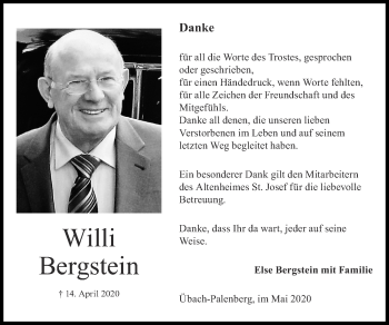 Traueranzeige von Willi Bergstein von Zeitung am Sonntag