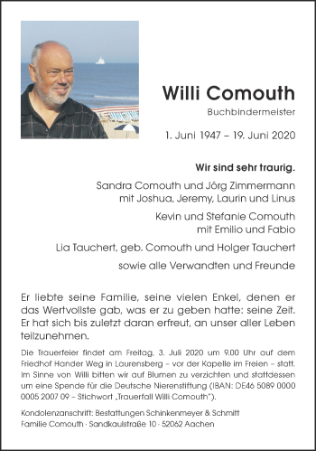 Traueranzeige von Willi Comouth von Aachener Zeitung / Aachener Nachrichten