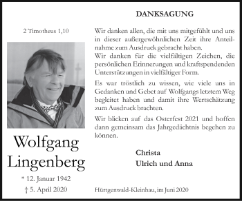 Traueranzeige von Wolfgang Lingenberg von Zeitung am Sonntag