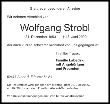 Traueranzeige von Wolfgang Strobl von Zeitung am Sonntag