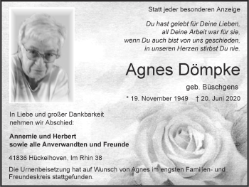 Traueranzeige von Agnes Dömpke von Zeitung am Sonntag