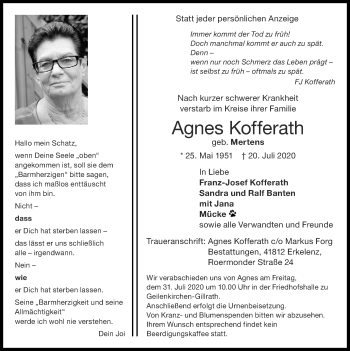 Traueranzeige von Agnes Kofferath von Zeitung am Sonntag