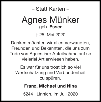 Traueranzeige von Agnes Münker von Zeitung am Sonntag