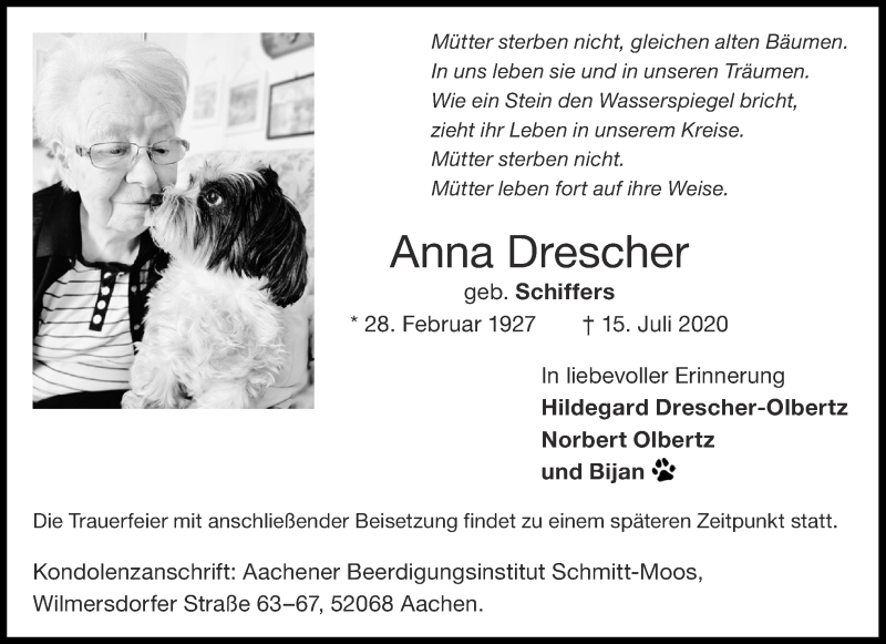  Traueranzeige für Anna Drescher vom 25.07.2020 aus Aachener Zeitung / Aachener Nachrichten