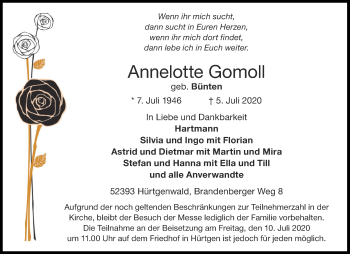 Traueranzeige von Annelotte Gomoll von Aachener Zeitung / Aachener Nachrichten