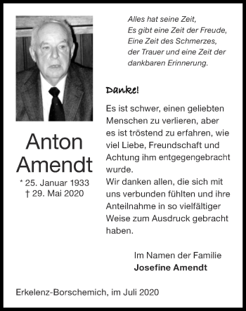 Traueranzeige von Anton Amendt von Zeitung am Sonntag